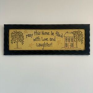 Handmade Rustic Tan/Black Framed Embroidered Folk Art Style Home Sign
